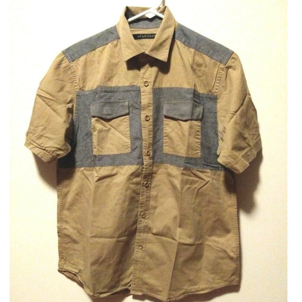 Sean John Mens shirt Sz L Beige blue Button up Short Sleeve 90s Y2K style